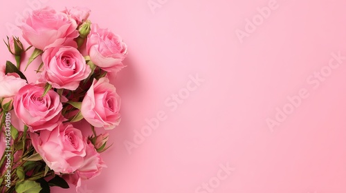 Pink roses are arranged on a pink background, leaving white space for text or design elements, perfect for romantic cards for occasions such as Valentine's Day, weddings, or Mother's Day.