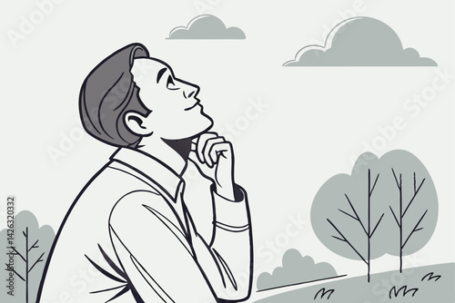 Man contemplating in nature with clouds and trees minimalist vector illustration