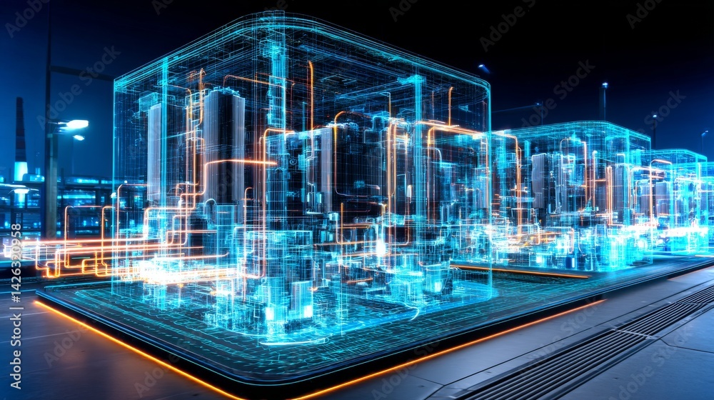 Floating holographic blueprint showcasing advanced manufacturing technology in a futuristic setting
