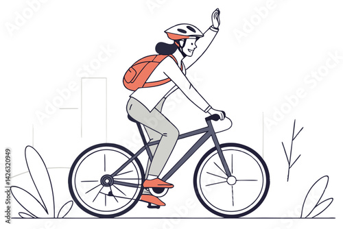 Woman riding bicycle in city waving hand simple line art illustration