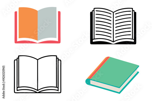 Line art icon set of open textbook illustration with simple design showing books with blank pages and colorful outlines representing knowledge and education concepts