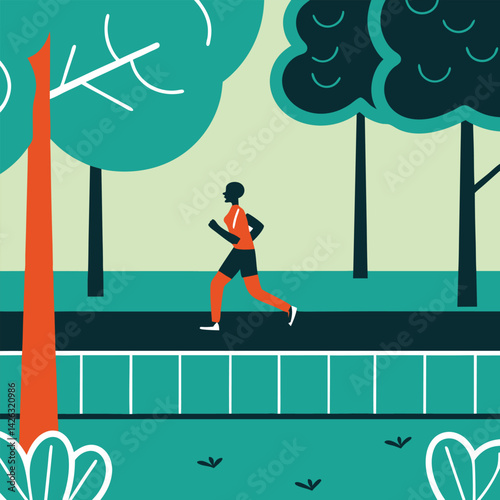 Woman running in park abstract colorful illustration jogging exercising outdoors