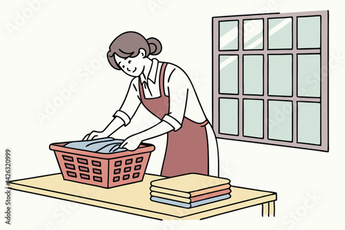 Woman sorting laundry in basket near window flat design illustration