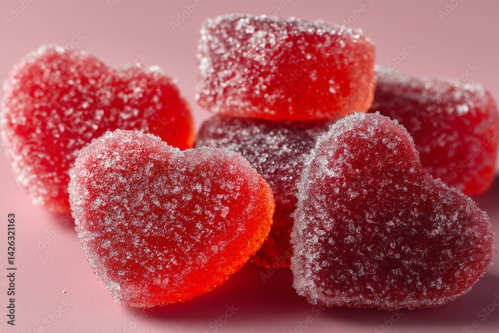 Colorful heart-shaped gummy candies arranged on a pink background for a delightful treat or decoration