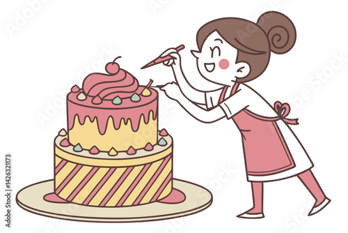 Baker decorating a two tiered cake pastry chef cartoon illustration