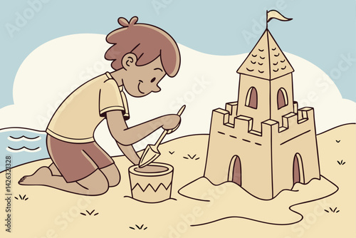 Cartoon boy building a sandcastle with bucket and shovel at the beach
