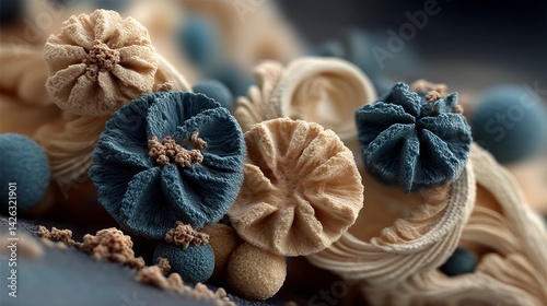 food safety contamination health. Abstract Spherical Flora Creations in Beige and Blue Organic Textile Macro Composition.