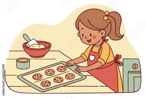 Girl baking cookies in kitchen cute cartoon illustration for kids