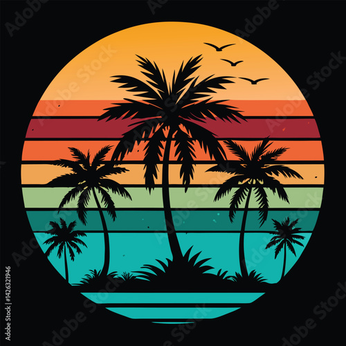 A tropical beach sunset silhouettes a lone figure near palm trees under a vibrant summer sky