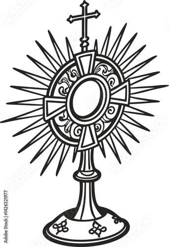 "Religious Monstrance Symbol with Sacred Cross and Divine Light"