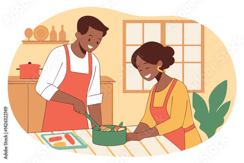 Happy african american couple cooking together in a sunny kitchen illustration