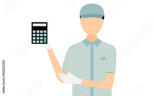 Simple illustration of a worker man in a cap showing a budget and estimate