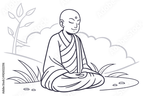 Meditating buddhist monk outline illustration in peaceful nature setting zen meditation