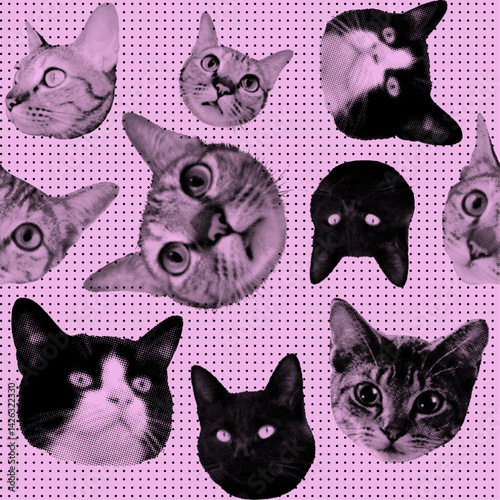 halftone vector cats seamless background pattern wallpaper backdrop grunge print style