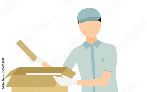 Simple illustration of a worker man wearing a hat putting a package in a cardboard box