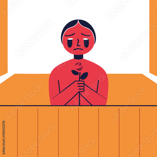 Sad woman holding rose minimalist vector illustration about love and depression