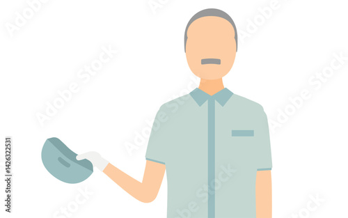 Simple illustration of a senior worker man wearing a cap taking off his hat to greet