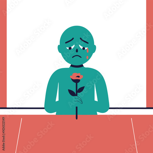 Sad figure holding rose depicting grief emotional pain and loneliness