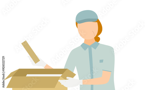 Simple illustration of a senior worker woman wearing a hat putting a package in a cardboard box