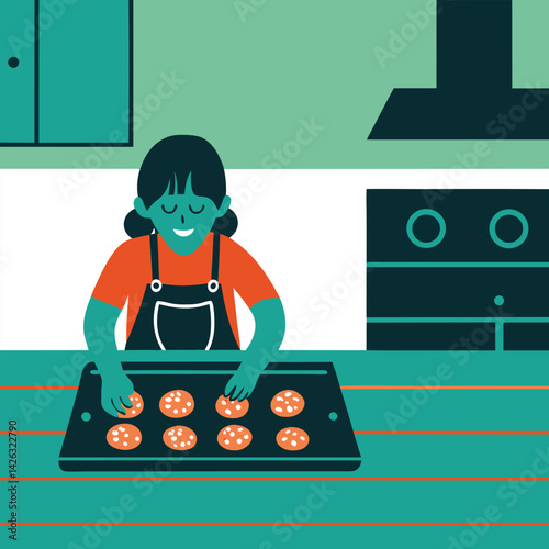 Woman baking cookies flat vector illustration in the kitchen home baking