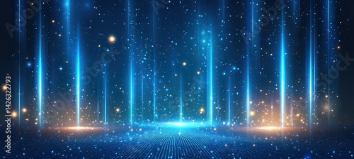 Glowing blue beams illuminate a dark, particle-filled space.  A bright, central circle adds depth