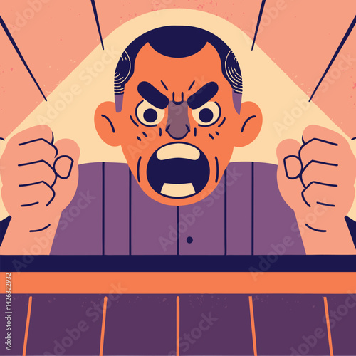 Angry official cartoon character shouting and raising fists from behind a desk