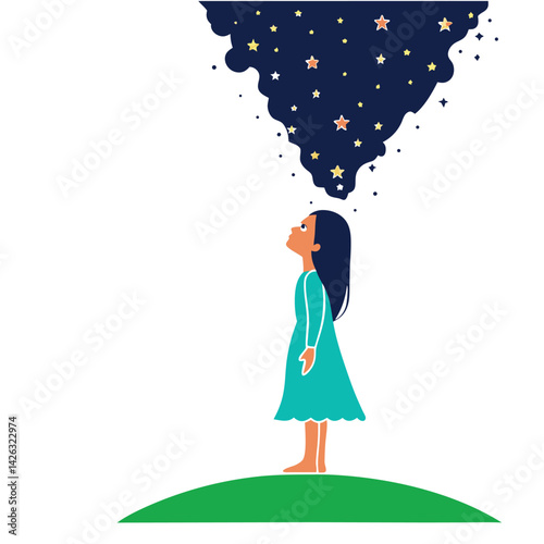 Young woman looking at stars dreams and imagination concept illustration