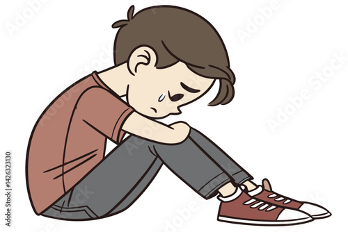 Cartoon boy crying alone feeling sad and depressed sitting on the floor