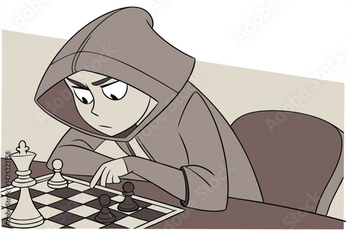 Cartoon character in hood concentrating while playing chess on checkered board