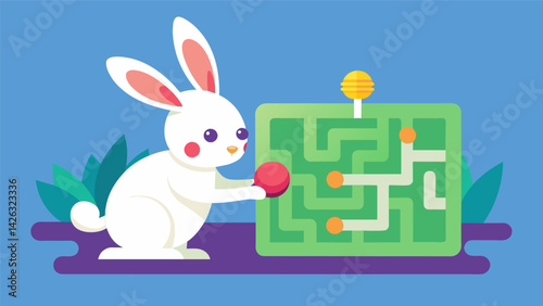 A curious rabbit pushing around a smart toy puzzle maze using its nose to maneuver the ball and earn treats as rewards.. Vector illustration