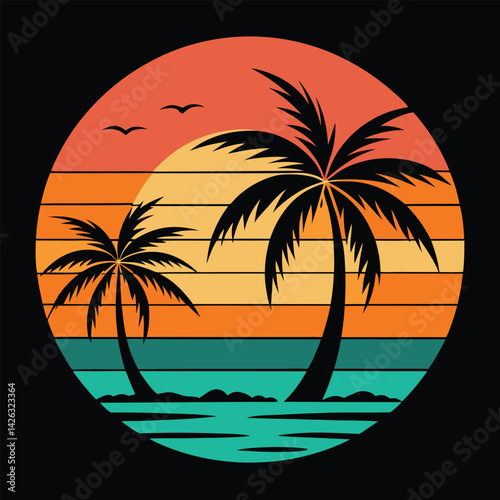 A tropical beach sunset silhouettes a lone figure near palm trees under a vibrant summer sky