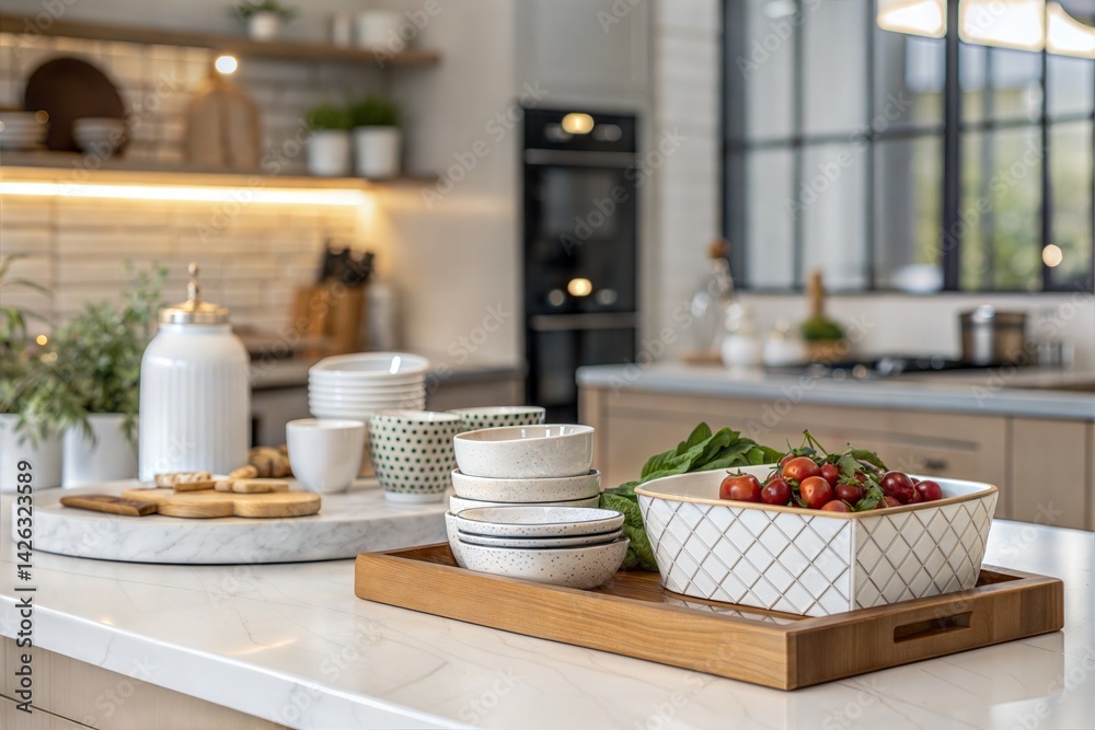 Kitchen table surface prepared for product display, with a blurred modern interior in the background. (Background) Kitchen table surface prepared for product display, with a blurred modern interior in the background. (Background)
