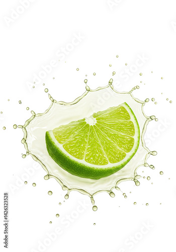 Lime with lime juice splash on white background