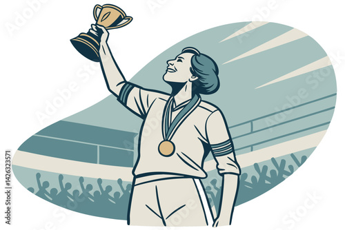 Female athlete holding trophy above head in stadium cheering crowd