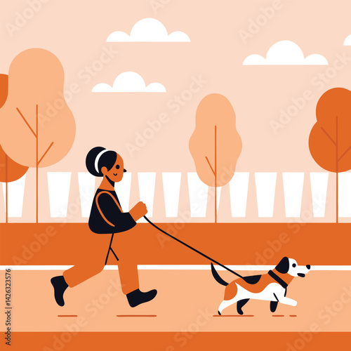 Flat illustration of woman walking dog in park with orange color scheme