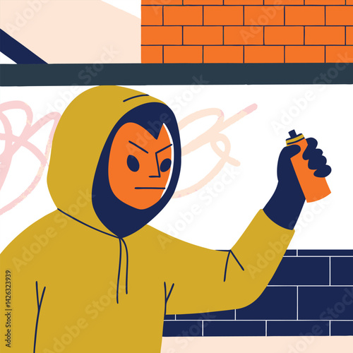 Hooded graffiti artist spraying wall urban art vector illustration style