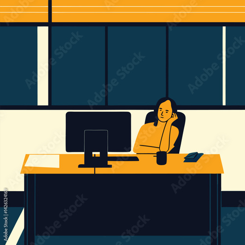 Pensive employee in the office,minimalist illustration of work fatigue and burnout