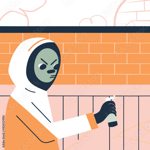 Mysterious character spray painting graffiti flat vector illustration scene