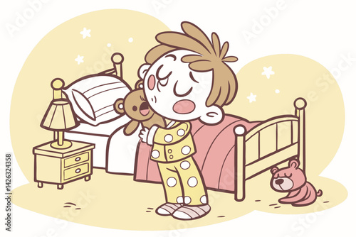 Sleepy boy in pajamas cartoon character ready for bedtime illustration