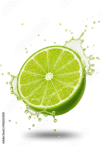 Lime with lime juice splash on white background