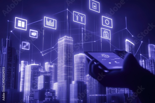 Smart city technology visualized on a phone, showcasing interconnected urban infrastructure and digital services