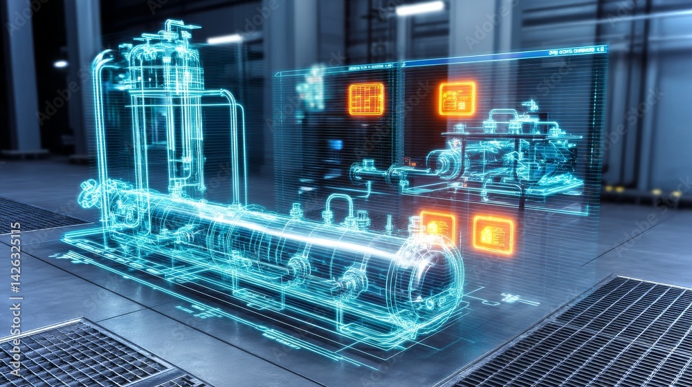 Holographic reactor safety system visualizing advanced technology in a modern manufacturing facility