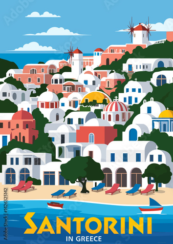 Bright vector travel illustration of Santorini, Greece featuring whitewashed houses, colorful domes, windmills, and a sandy beach
