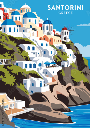Vector illustration of Santorini, Greece with white buildings, blue domes, and a windmill perched on a dramatic cliff above the sea