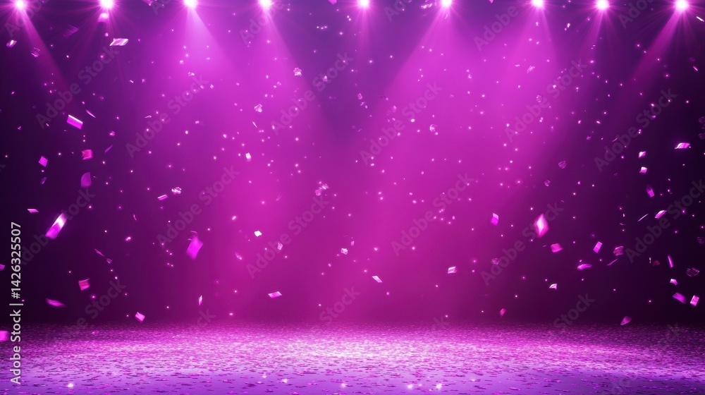 Obraz premium Purple stage with spotlights and confetti.