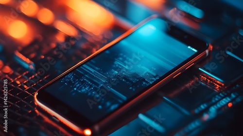 A sleek  smartphone resting on a dark concrete surface. Conceptual : Minimalist design, modern tech aesthetics, digital lifestyle, innovation, user experience, subtle illumination, product design