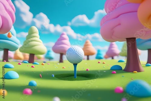 Whimsical Golf Ball Scene Cartoonish Nature Landscape with Pastel Trees, Bright Sky, and Colorful Spring Vibes – Ideal for Creative Decorations and Imaginative Art