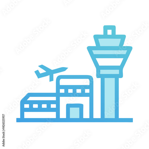 Blue Airport Icon: Tower, Plane, Terminal - Isolated Aviation Design
