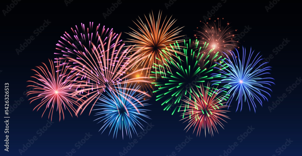 Vector decorative border with colorful exploding fireworks in the sky - celebration card, festival banner