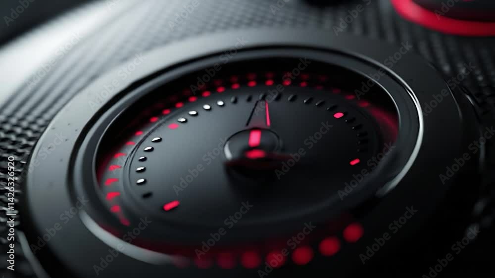 Close-up of a sleek black speedometer with red accents, highlighting precision and technology in a modern vehicle dashboard